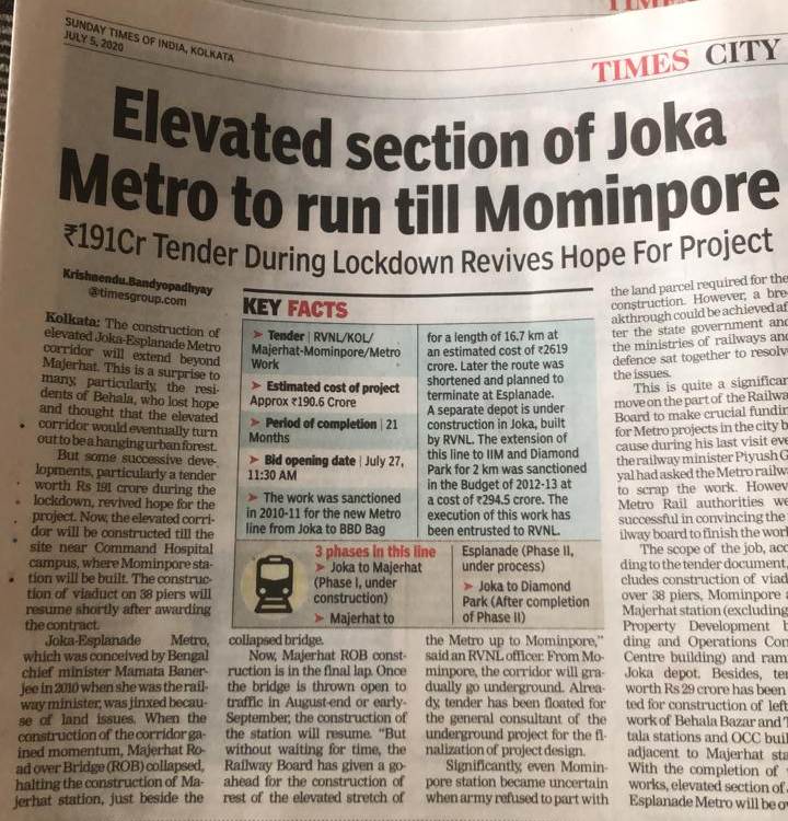 Elevated section of Joka Metro to run till Mominpore